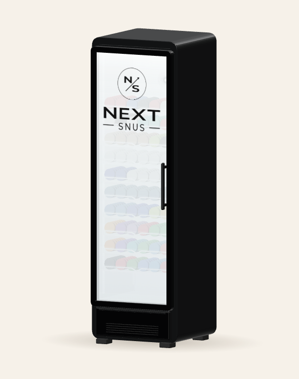 The black Next Snus display fridge with the logo on its frosted glass door